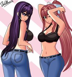 2girls ass belt black_bra bra breasts butt cleavage doki_doki_literature_club female female_only green_eyes jeans long_hair monika_(doki_doki_literature_club) navel one_eye_closed pants purple_eyes purple_hair video_game video_game_character video_games willianxs yuri_(doki_doki_literature_club)