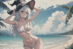 ai_generated beach bikini elaina_(majo_no_tabitabi) grey_eyes majo_no_tabitabi medium_breasts partially_nude petite_body white_hair white_skin wizard_hat