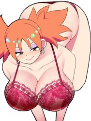 1girls all_fours ass bellupup bent_over big_ass big_breasts blush bra breasts breasts_bigger_than_head cleavage clothing ear_ring female huge_breasts iroaya_madoi large_breasts legs_together light-skinned_female matching_underwear mega_man mega_man_battle_network ms._madd orange_hair panties red_bra red_panties short_hair smile solo thick_thighs underwear wide_hips