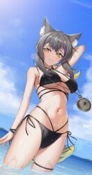 1girls ajigata_yunon animal_ears belly_button black_swimsuit blush clouds compass female female_only grey_hair hair_ornament jbcman0198_(leeb3397) light-skinned_female light_skin outside sky smile solo swimsuit tail virtual_youtuber vrecord water wet wolf_ears wolf_girl wolf_tail yellow_eyes