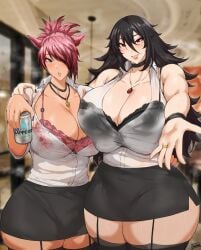 2futas absolute_territory animal_ears bare_shoulders batako beer black_hair blouse bra breasts bulge bulge_through_clothing cat_ears catgirl choker cleavage clothed clothing drinking drunk duo ferris_(raiosmanis) final_fantasy final_fantasy_xiv fully_clothed futa_only futanari garter_belt garter_straps huge_breasts human humanoid kemonomimi large_breasts light-skinned_futanari light_skin long_hair looking_at_viewer miniskirt miqo'te office_lady pencil_skirt pink_hair see-through_clothing skirt standing steam stockings sweat sweaty thick_thighs thighhighs wide_hips zephyr_winds