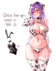 1girls animal_ears bell big_breasts bikini bikini_bottom breasts bunny_ears bunnysuit cleavage collar cow_bell cow_bell_collar cow_ears cow_print cow_print_bikini cow_print_thighhighs doki_doki_literature_club english_text female female_only girl heart_icon long_hair machulanko number numbers purple_eyes purple_hair retweet_icon solo solo_female solo_focus strip_game text thighhighs thighs white_background yuri_(doki_doki_literature_club)