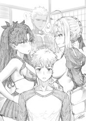 2boys 2girls absurdres alternate_breast_size archer_(fate) artoria_pendragon_(fate) bra breast_envy breast_focus breast_grab breast_press breasts emiya_shirou eye_contact fate/stay_night fate_(series) fkscrashing girl_sandwich greyscale hair_bun highres large_breasts looking_at_another medium_breasts monochrome multiple_boys multiple_girls nipples open_clothes pleated_skirt saber sandwiched skirt tohsaka_rin twintails underwear undressing