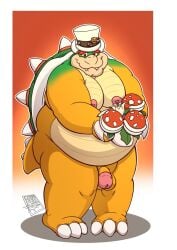 2023 anthro areola balls belly big_belly bowser clothing cute_fangs digital_media_(artwork) elemental_creature eyebrows flora_fauna genitals glans green_body hat hat_only headgear headgear_only headwear headwear_only horn humanoid_genitalia humanoid_penis koopa locofur male male_only mario_(series) moobs mostly_nude nintendo nipples obese obese_anthro obese_male overweight overweight_anthro overweight_male penis piranha_plant plant scalie shell smile solo spiked_shell spiked_tail spikes spikes_(anatomy) standing super_mario_odyssey tail tan_body thick_thighs top_hat vein veiny_penis yellow_body