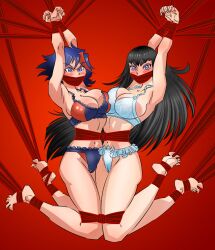 2girls arms_above_head barefoot blush bondage bound bound_arms bound_together bound_wrists boundpretties breast_press breasts female female_only femsub frilly_panties frilly_underwear gag human kill_la_kill kiryuuin_satsuki life_fiber lingerie matoi_ryuuko multiple_girls multiple_subs rope_bondage underwear_only