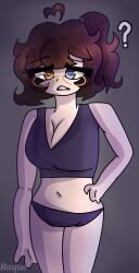 background blue_eye breasts brown_eyes brown_hair color colored confused confused_expression confused_face confused_look female female_focus female_only glasses grey_background heterochromia long_hair looking_at_viewer medium_breasts oc original original_character ponytail purple_clothing self_upload simple_background underwear