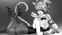 bunny_girl bunnysuit card cat_ears cat_tail catgirl final_fantasy final_fantasy_xiv heels high_heels kiss_mark kissing laying_down laying_on_stomach lipstick looking_at_viewer magion02 miqo'te playing_card stockings zephyr_winds