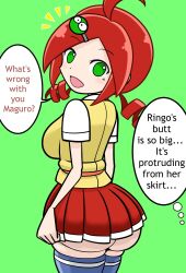 andou_ringo asking_a_question ass ass_bigger_than_skirt bubble_butt drill_hair english_text green_eyes hairclip mori2suke puyo_puyo red_hair sasaki_maguro sega skirt sonic_team tagme talking_to_viewer thighhighs translated