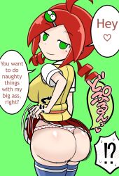 1girls andou_ringo big_butt bubble_butt drill_hair english_text green_eyes looking_at_viewer looking_back mori2suke polka_dot_panties presenting presenting_ass puyo_puyo red_hair sasaki_maguro sega skirt skirt_lift sonic_team tagme thighhighs translated twintails