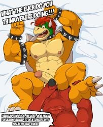 2023 abs absurd_res ambiguous_species ankle_grab anthro anthro_on_anthro armband balls bedding bedding_background biceps bowser bracelet claws collar dialogue duo english_text erection eyebrows forced gay genitals hair hi_res horn humanoid_genitalia humanoid_penis imminent_rape imminent_sex jewelry kneeling koopa leg_grab lying male male/male male_only mario_(series) mezzmar navel nintendo nipples non-mammal_balls non-mammal_nipples nude obliques on_back open_mouth pecs penis profanity rape rude_awakening scalie serratus shell spiked_armband spiked_bracelet spiked_collar spiked_shell spikes spikes_(anatomy) teeth text tongue