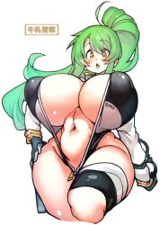 1girls belly_button big_breasts bimbo breasts eyebrows_visible_through_hair female female_only gigantic_breasts green_hair huge_breasts hyper_breasts large_breasts light-skinned_female light_skin massive_breasts milf sachito solo sumi-chan_(sachito) thick_thighs wide_hips yellow_eyes