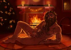 bartel beard bearded bulltaker_(artist) candles christmas cock dig fire fireplace flirt garland human laying_down male male_only manly muscle seductive_pose seductivr smile tree xmas xxxmas