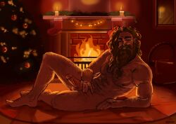 1boy bara bartel beard bearded bulltaker_(artist) candles chest chest_hair chest_tuft christmas christmas_tree cock dig dilf fire fireplace flirt garland hairy hairy_male human laying_down long_hair male male_only manly muscles muscular muscular_male romantic romantic_ambiance seductive seductive_look seductive_pose seductive_smile seductivr smile solo solo_focus solo_male tree xmas xxxmas