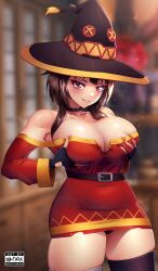 1girls artist_logo big_breasts blurry_background breasts_grab brown_hair choker cleavage clothing female female_only fingerless_gloves grabbing_own_breast grabbing_own_breasts hi_res kono_subarashii_sekai_ni_shukufuku_wo! looking_at_viewer megumin ohdax red_eyes smiling smiling_at_viewer smug solo thick_thighs thigh_squish thighhighs witch_hat