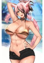 abs athletic athletic_female bikini cat_ears cat_tail catgirl choker final_fantasy final_fantasy_xiv gold_bikini iamwinterheart large_breasts looking_at_viewer miqo'te nail_polish pink_hair shorts smile swimsuit zephyr_winds