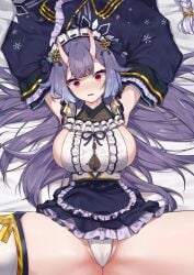 1girls bed_sheet big_breasts blush breasts chlales_parker detached_sleeves eyelashes_visible_through_hair female female_only headdress horns light-skinned_female light_skin nose_blush on_bed oni oni_female oni_horns panties purple_hair red_eyes shune_(vtuber) sideboob solo surprised virtual_hertz virtual_youtuber white_bed_sheet white_panties