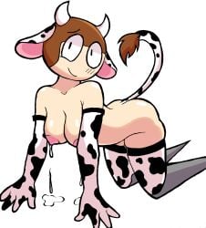 all_fours blush bovine cow_ears cow_girl_dave cow_print dave_(moldygh) dave_and_bambi_mod digital_media_(artwork) horns lactation large_breasts light_skin looking_at_viewer m1nty rule_63 short_hair smile solo