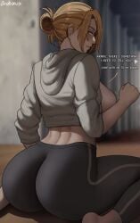 1girls annie_leonhardt ass attack_on_titan blonde_hair breasts breasts_out dat_ass dialogue english_text female hi_res huge_ass huge_breasts kneeling light-skinned_female light_skin oroborusart savagexthicc shingeki_no_kyojin short_hair sportswear