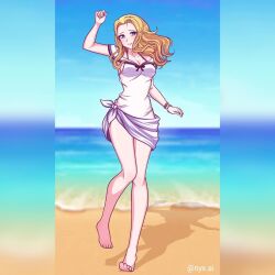 1girls alternate_costume armpits bare_legs barefoot beach bikini blonde_hair breasts cleavage female female_only fire_emblem fire_emblem:_the_sacred_stones full_body grin legs looking_at_viewer medium_breasts medium_hair natasha_(fire_emblem) nintendo nyx.ai ocean outdoors sarong see-through shirt smile solo swimsuit walking white_bikini white_swimsuit