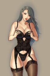 artist_name atlus black_lingerie breasts bustier gray_hair grey_hair large_breasts leg_garter lingerie lipstick looking_at_viewer mature mature_female mature_woman megami_tensei persona persona_5 sae_niijima shiny_skin stockings thick_thighs thighs xelaroseart