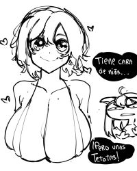 2girls breast_envy cleavage dot_nose female female_only heart huge_breasts long_hair looking_at_another looking_at_viewer mole mole_on_breast monochrome original roa_tmotiva shiny_eyes smile spanish_text upper_body white_background