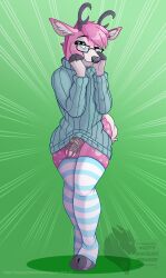 absurd_res anthro balls chastity_cage chastity_device clothed clothing curvy_figure deer digital_media_(artwork) eyewear genitals girly glasses hi_res jumper leggings legwear looking_at_viewer male mammal marvelous_managerie penis simple_background solo solo_focus tail