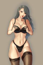 artist_name ass_visible_through_thighs atlus belly belly_button black_lingerie black_panties breasts hips large_breasts lingerie lipstick looking_at_viewer mature_female mature_woman megami_tensei persona persona_5 sae_niijima shiny_skin stockings thick_thighs thighs xelaroseart