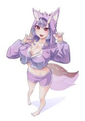 1girls animal_costume animal_hood barefoot belly_button big_breasts fake_animal_ears fake_tail feet female female_only garrygalgal heart-shaped_pupils hoodie horns light-skinned_female light_skin monster_girl oni oni_female oni_horns purple_hair purple_nails red_eyes shune_(vtuber) sole_female soles solo symbol-shaped_pupils virtual_hertz virtual_youtuber