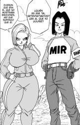 1boy 1boy1girl 1girls afreetime android_17 android_18 big_areola big_breasts bimbo black_hair black_hair_male blonde_hair blonde_hair_female blue_eyes breasts curvaceous dragon_ball dragon_ball_super edit edited edited_screencap female female_only grayscale male manga monochrome screencap screenshot screenshot_edit shiny_skin short_hair shueisha simple_background spanish spanish_text text text_bubble thick thick_ass thick_thighs translation_request voluptuous voluptuous_female