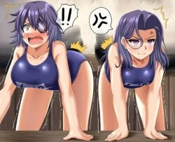 1boy 2girls admiral_(kantai_collection) anger_vein angry angry_face annoyed ass bent_over big_ass blue_swimsuit blush female hands_on_table indoors kantai_collection large_ass large_breasts legs male medium_breasts motion_lines one-piece_swimsuit open_mouth purple_eyes purple_hair school_swimsuit shiny_hair shiny_skin shocked_expression short_hair siblings sisters spanking surprised surprised_expression table tatsuta_(kantai_collection) tears tenryuu_(kantai_collection) thighs trembling unseen_male_face yellow_eyes zanntetu