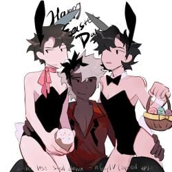 3boys :) aeswoop arms_around_waist basket black_bunny_ears black_bunnysuit black_hair bow bowtie bowtie_collar brown_hair bunny_boy bunny_ears bunny_tail bunnysuit cesar_torres dark-skinned_male dark_skin easter easter_basket egg eggs happy_easter jonah_marshall male mandela_catalogue mark_heathcliff smile smiling white_hair