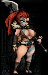 1girls abdominals abs arm_wrap arm_wrapping arm_wraps armor banana_hammock bardiche bikini blue_paint body_paint breasts brown_clothes brown_clothing clothed clothing cute cute_girl darkest_dungeon determined female female_only fur fur_collar fur_lined_clothing fur_trim green_eyes grin grinning hand_wraps heart heart_cutout heart_icon hellion_(darkest_dungeon) human large_breasts leather_armor leg_wrap leg_wrapping leg_wrappings leg_wraps light-skinned_female light_skin long_hair long_ponytail micro_bikini mini_bikini mini_bra muscular muscular_female nipples_visible_through_clothing non-nude paint polearm ponytail red_hair red_ponytail ring_bra scowl skimpy skimpy_armor skimpy_bikini skimpy_clothes skimpy_costume skimpy_outfit skimpy_panties skimpy_underwear small_feet smile smiling solo solo_female stripes thick_thighs thighs triceps unconvincing_armor war_paint warpaint white_sclera wild_hair xelsword