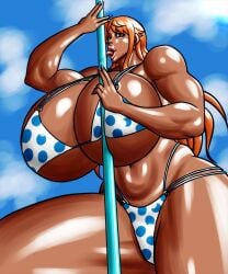 alternate_version_available big_breasts bikini breasts female female_only gigantic_breasts huge_breasts hyper large_breasts nami nami_(one_piece) negoto_(nego6) one_piece pole post-timeskip tan tan-skinned_female tan_body tan_skin tanned tanned_skin