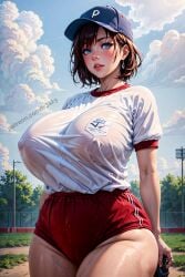 1girls ai_generated akane_nanao akane_wa_tsumare_somerareru baseball_cap blue_eyes blue_sky cheerleader clouds day fr34ky gym_uniform huge_breasts outside red_buruma sky sweat takeda_hiromitsu thighs translucent_clothing wet_clothes white_shirt