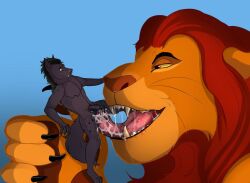 anthro bodily_fluids cum disney duo felid genital_fluids genitals hyena lion m_bruiser macro male male/male mammal micro mufasa oral_vore pantherine penis saliva saliva_on_penis saliva_on_tongue saliva_string scamp_(the_mortician) size_difference the_lion_king vore