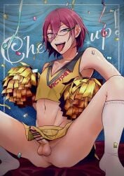 alternate_version_available balls belly blue_eyes censor_bar censored censored_penis crossdressing ensemble_stars! erect_penis erection erection_under_clothes erection_under_clothing erection_under_skirt femboy glasses ibara_saegusa looking_at_viewer midriff navel nipple_bulge no_panties nusaneee open_mouth sitting socks spread_legs testicles tongue tongue_out twink white_socks yaoi yellow_pom_poms yellow_skirt yellow_top yellow_topwear