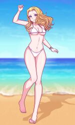 1girls alternate_costume armpits bare_legs barefoot beach bikini blonde_hair breasts cleavage female female_only fire_emblem fire_emblem:_the_sacred_stones full_body grin legs looking_at_viewer medium_breasts medium_hair natasha_(fire_emblem) nintendo nyx.ai ocean outdoors smile solo swimsuit underboob walking white_bikini white_swimsuit