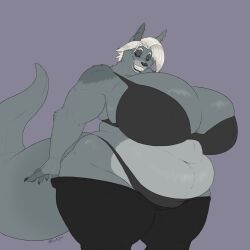 1:1 alien anthro aurele_(blueryker) belly belly_rolls big_breasts black_sclera blueryker bottomwear bottomwear_down bra breasts canid canine canis clothed clothing digital_media_(artwork) female grey_body hair hi_res high_cut_bottomwear huge_breasts jackal looking_at_viewer mammal narrowed_eyes obese overweight overweight_anthro overweight_female panties pants pants_down partially_clothed sharp_teeth smile solo tail teeth thick_tail thumb_in_waistband toothy_grin underwear undressing white_hair