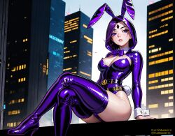 ai_generated black_leotard black_thighhighs breasts bunnysuit cape city dc dc_comics female fluffymammoth forehead_jewel highleg highleg_leotard latex leotard lips looking_at_viewer purple_eyes purple_hair rachel_roth raven_(dc) short_hair solo teen_titans thighhighs