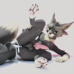 3d_(artwork) anthro balls blender_(software) bodily_fluids claws cum deuzear digital_media_(artwork) fluffy genital_fluids genitals hi_res looking_at_viewer lying male nipples nude paws penis simple_background smile solo tail tavvy_tav