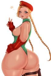 1girls armwear ass blonde_hair blue_eyes cammy_white capcom edited female female_only hand_on_hip hat hi_res leotard long_hair looking_at_viewer looking_back looking_back_at_viewer scar scar_on_face smiling smiling_at_viewer solo sren244 street_fighter thick_ass thick_thighs thong_leotard twin_braids v_sign white_background