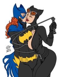 2013 2girls barbara_gordon batgirl batman_(series) bodysuit callmepo catwoman color colored dc dc_comics female female_only heroine kissing multiple_girls restrained selina_kyle villainess villainess_on_heroine white_background yuri