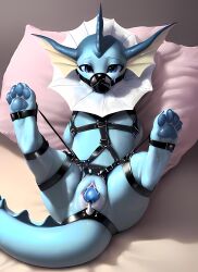ai_generated black_leather bondage female generation_1_pokemon muzzled on_back on_bed pillow pokemon pokemon_(species) restrained spread_legs vaginal_insertion vaporeon