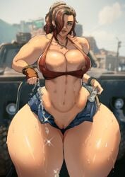 1girls big_breasts breasts brown_hair claire_russell clothed cyberpunk_2077 donaught female female_only looking_at_viewer solo solo_female solo_focus tagme thick_thighs water wet wide_hips