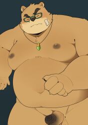 anthro balls bear belly blush brown_body brown_fur erection eyewear fupa fur genitals glasses haoming hi_res jewelry lifewonders male mammal navel necklace nude overweight penis solo tokyo_afterschool_summoners volos