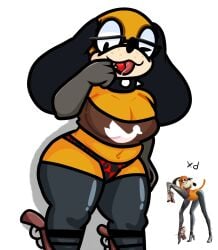 anthro big_breasts breasts brown_body brown_fur cleavage duck_hunt duck_hunt_dog female fur furry huntress_(lewdewott) lewdewott looking_at_viewer nintendo rule_63 standing thick_thighs tongue tongue_out wide_hips