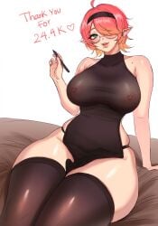 1girls areolae big_breasts blush breasts dress elf elf_ears elf_female english_text female female_only glasses green_eyes hair_over_one_eye hairband heart hi_res highlights_(coloring) holding_pen honey_(sren244) leaning_on_hand legs_together looking_at_viewer medium_hair milestone_celebration mole mole_on_shoulder mole_under_mouth nipples nipples_visible_through_clothing pen red_hair see-through see-through_clothing sitting smiling smiling_at_viewer solo sren244 stockings text thick_thighs thigh_squish white_background wide_hips yellow_highlights