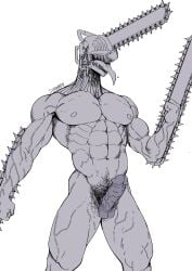 1boy 2023 5_fingers abs bara biceps black_and_white chainsaw chainsaw_man closed_hands curved_penis demon denji_(chainsaw_man) denji_(hybrid_form) erect_penis gay human long_tongue medium_penis muscular_male naked patreon pubic_hair sharp_teeth simple_background simple_shading sketch solo_male suyohara tagme thick_thighs tongue_out triceps veins veiny_muscles veiny_penis white_background yaoi