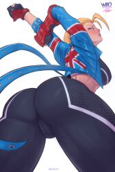 1girls ass ass_focus ass_up athletic athletic_female big_ass blonde_hair blue_eyes breasts cammy_stretch cammy_white dat_ass female female_only fighter gloves looking_at_viewer looking_down looking_down_at_viewer muscular muscular_female pawg pin-up pinup pinup_pose solo street_fighter street_fighter_6 stretching white_background whox