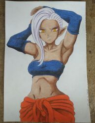 1girls akira_toriyama_(style) alien_girl android angry antagonist armpits arms aura big_breasts blue_sleeves blue_topwear breasts brunette clavicle clothed clothes dark-skinned_female dark_skin date dated dragon_ball dragon_ball_super female fully_clothed golden_eyes hand_on_hip iwaza iwaza_(dragon_ball_super) legs long_ears long_hair long_sleeve manga pointy_ears red_pants red_shirt safe_for_work shirt_down shoulders shueisha silver_hair skin smile smiley_face top traditional_art traditional_media traditional_media_(artwork) villainess weekly_shonen_jump white_background yamidanight